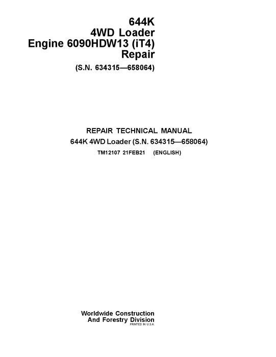 JOHN DEERE 644K LOADER REPAIR SERVICE MANUAL #2