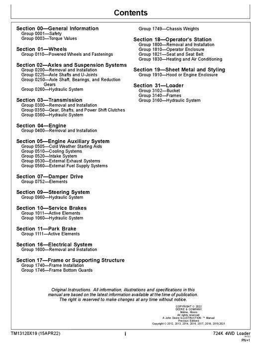 JOHN DEERE 724K LOADER REPAIR SERVICE TECHNICAL MANUAL TM13120X19