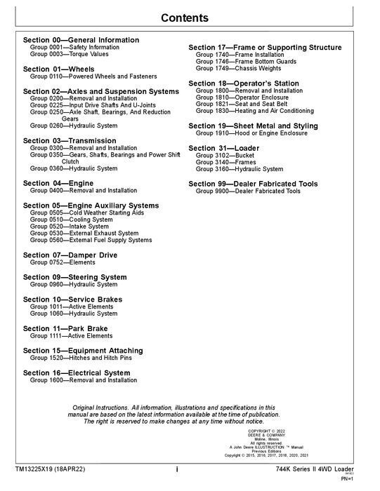 JOHN DEERE 744K LOADER REPAIR SERVICE TECHNICAL MANUAL TM13225X19