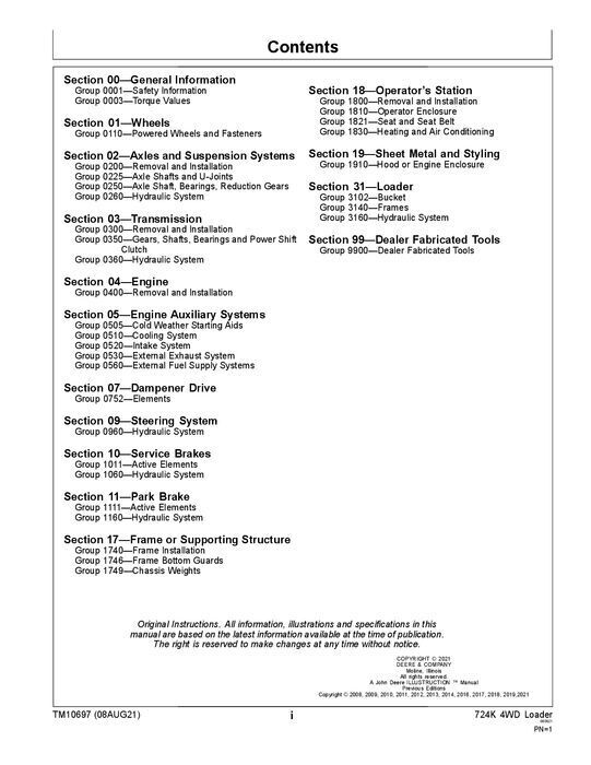 JOHN DEERE 724K LOADER REPAIR SERVICE TECHNICAL MANUAL TM10697