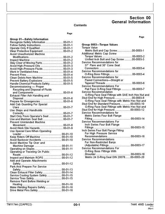 JOHN DEERE 744K LOADER REPAIR SERVICE TECHNICAL MANUAL TM11744