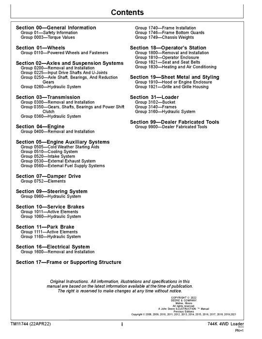 JOHN DEERE 744K LOADER REPAIR SERVICE TECHNICAL MANUAL TM11744