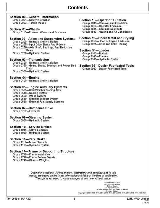 JOHN DEERE 824K LOADER REPAIR SERVICE TECHNICAL MANUAL TM10699