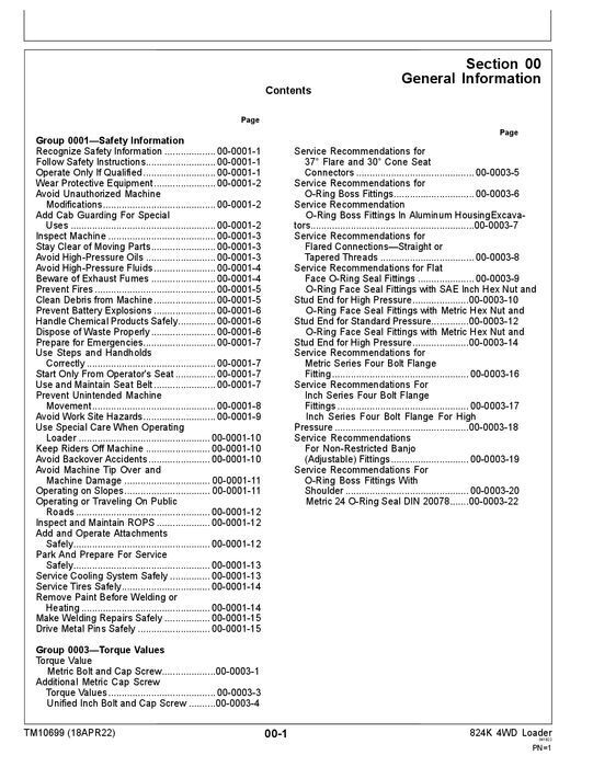 JOHN DEERE 824K LOADER REPAIR SERVICE TECHNICAL MANUAL TM10699