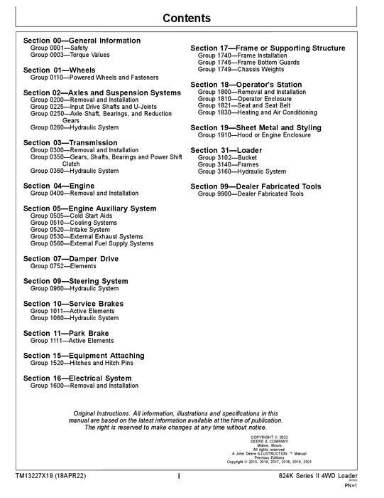 JOHN DEERE 824K LOADER REPAIR SERVICE TECHNICAL MANUAL TM13227X19