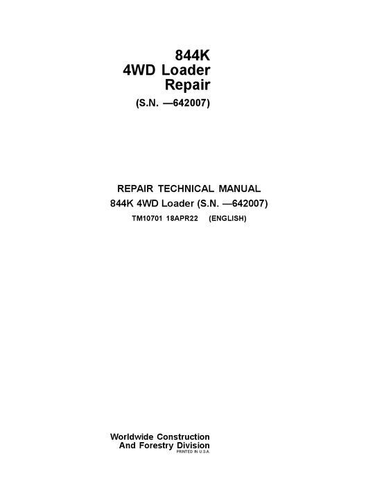 JOHN DEERE 844K LOADER REPAIR SERVICE MANUAL #1