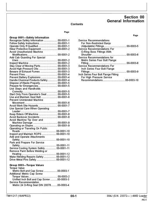 JOHN DEERE 304J LOADER REPAIR SERVICE TECHNICAL MANUAL TM11217