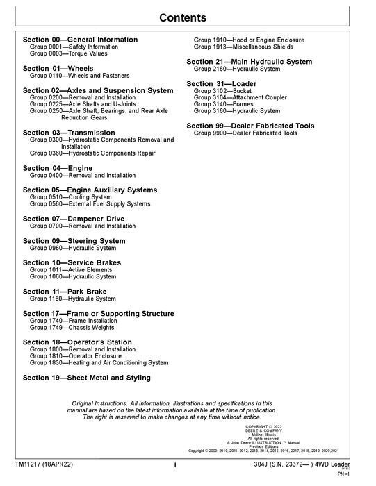 JOHN DEERE 304J LOADER REPAIR SERVICE TECHNICAL MANUAL TM11217