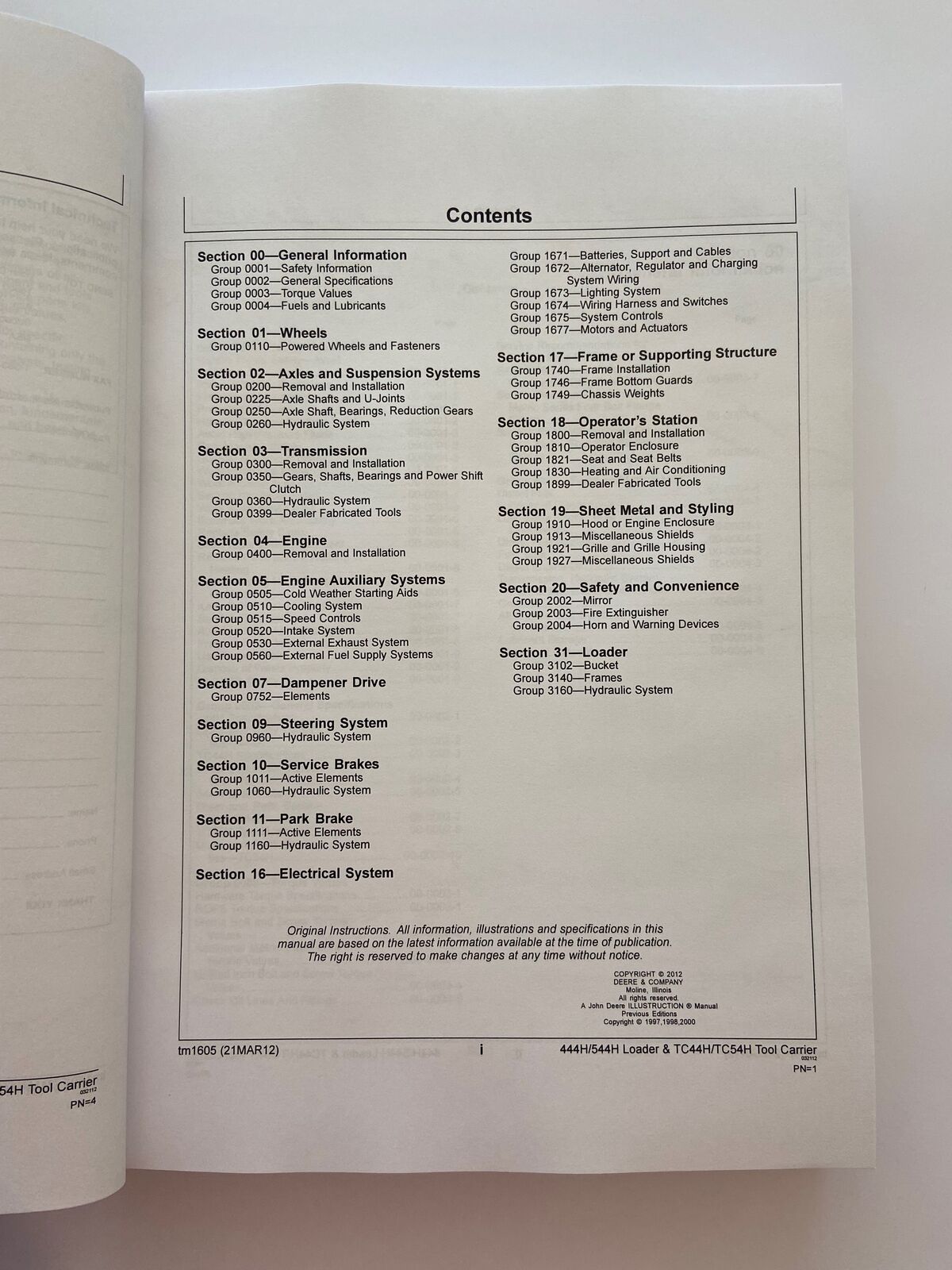 JOHN DEERE 444H 444HLL 544H TC44H TC544HLL TC54H LOADER REPAIR SERVICE MANUAL