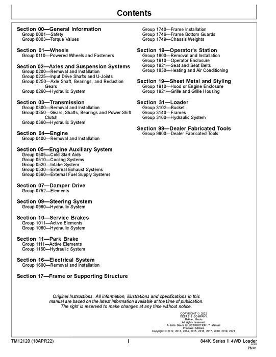 JOHN DEERE 844K LOADER REPAIR SERVICE TECHNICAL MANUAL TM12120