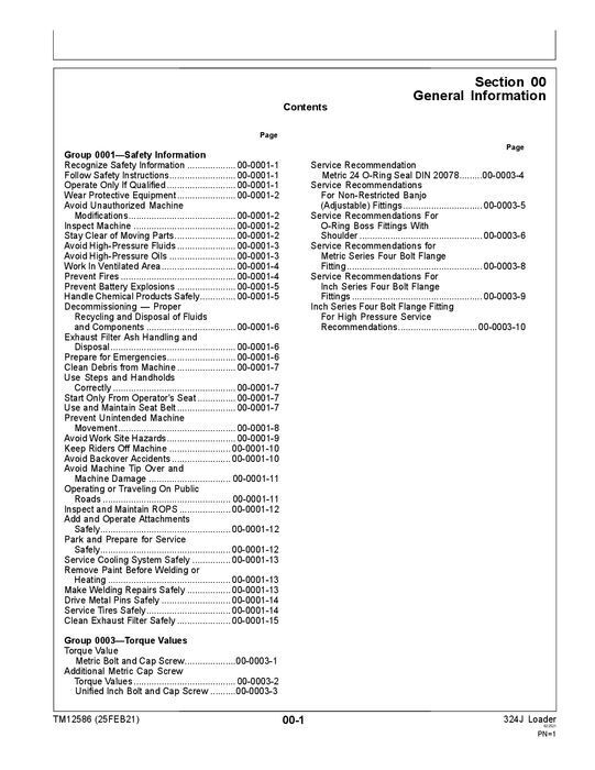 JOHN DEERE 324J LOADER REPAIR SERVICE TECHNICAL MANUAL TM12586