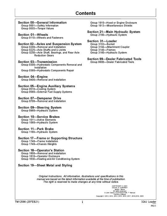 JOHN DEERE 324J LOADER REPAIR SERVICE TECHNICAL MANUAL TM12586