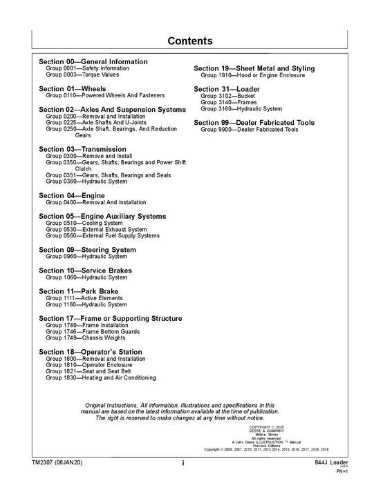 JOHN DEERE 844J LOADER REPAIR SERVICE TECHNICAL MANUAL TM2307