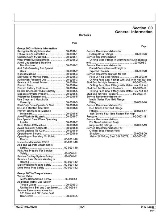 JOHN DEERE 844J LOADER REPAIR SERVICE TECHNICAL MANUAL TM2307