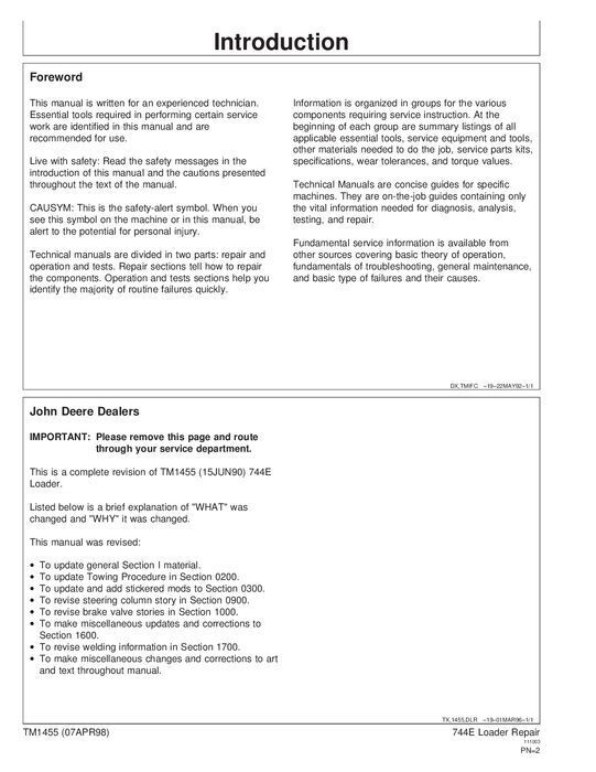 JOHN DEERE 744E LOADER REPAIR SERVICE TECHNICAL MANUAL TM1455