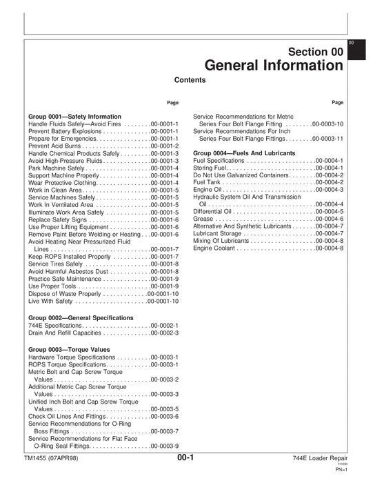 JOHN DEERE 744E LOADER REPAIR SERVICE TECHNICAL MANUAL TM1455