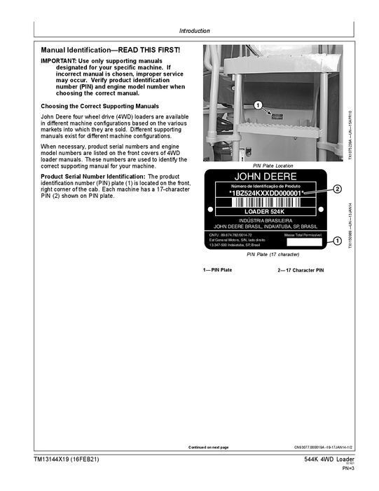 JOHN DEERE 544K LOADER REPAIR SERVICE TECHNICAL MANUAL TM13144X19