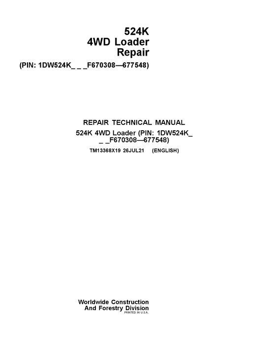 JOHN DEERE 524K LOADER REPAIR SERVICE MANUAL #6