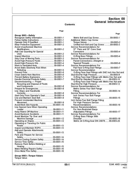 JOHN DEERE 524K LOADER REPAIR SERVICE TECHNICAL MANUAL TM13371X19