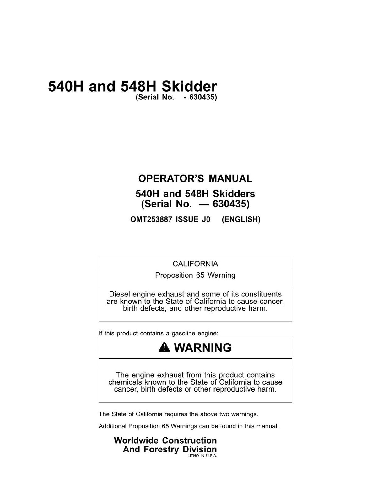 JOHN DEERE 540H 548H SKIDDER OPERATORS MANUAL