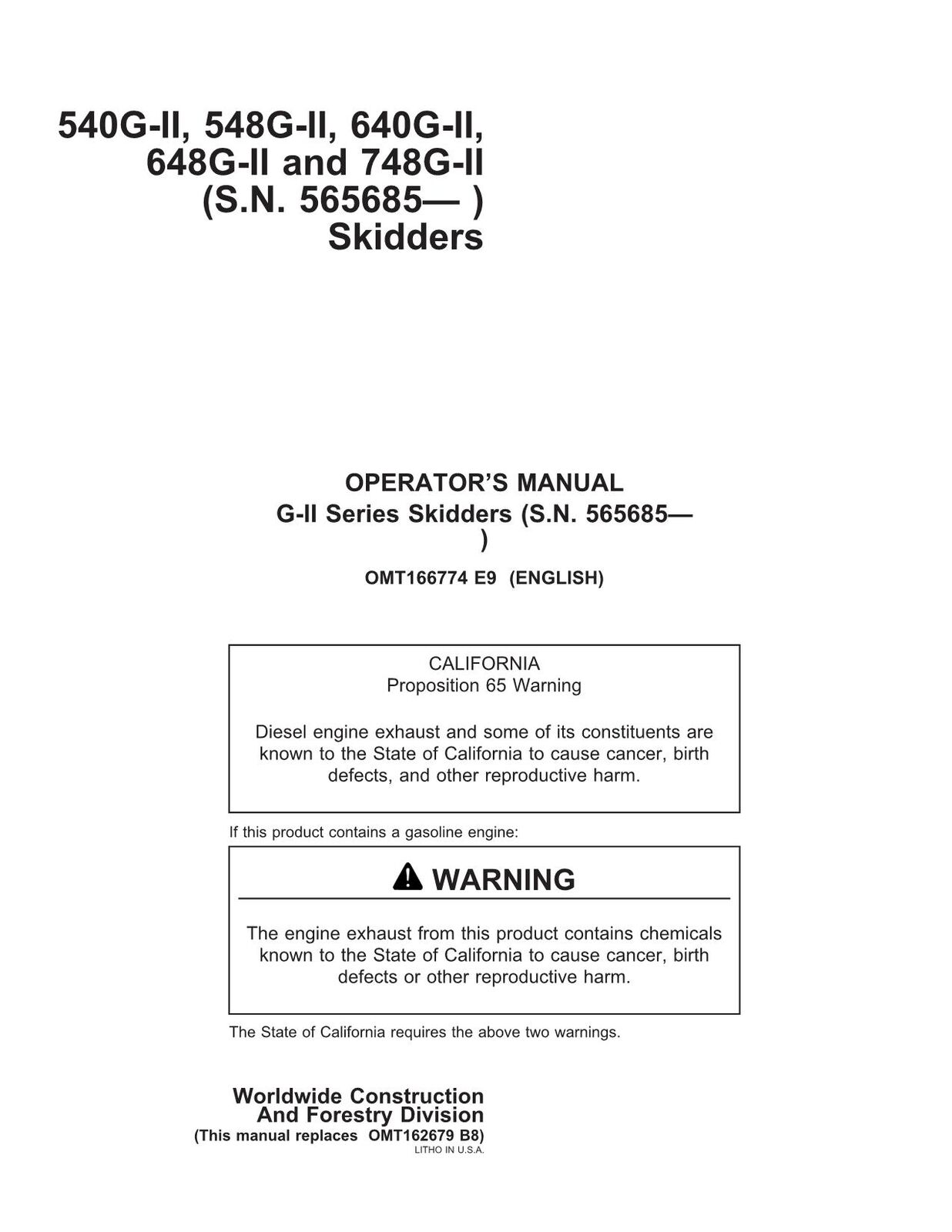 JOHN DEERE 540GII 548GII 640GII 648GII 748GII  SKIDDER OPERATORS MANUAL