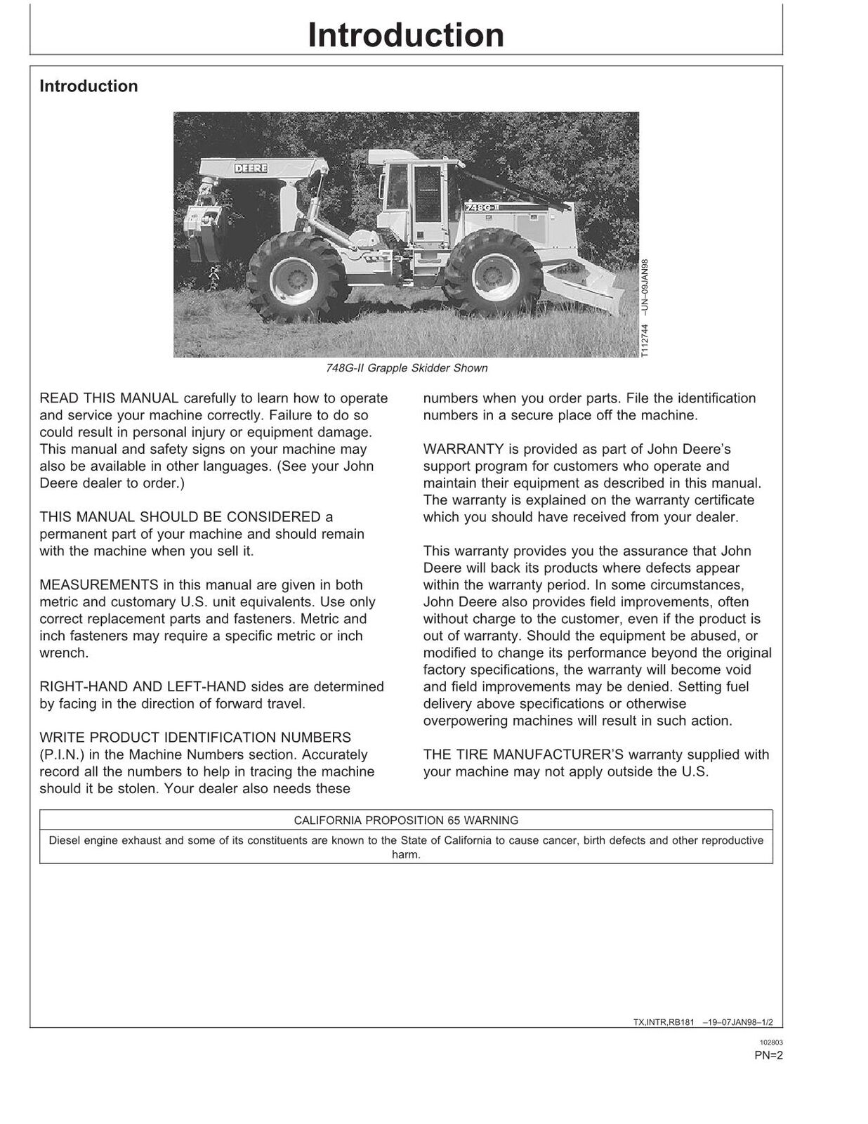 JOHN DEERE 540GII 548GII 640GII 648GII 748GII SKIDDER-BETRIEBSHANDBUCH Nr. 1 