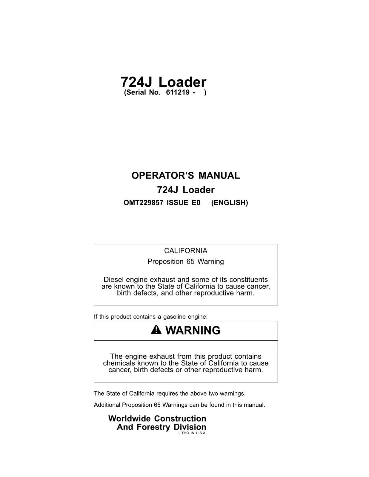 JOHN DEERE 724J  LOADER OPERATORS MANUAL #2