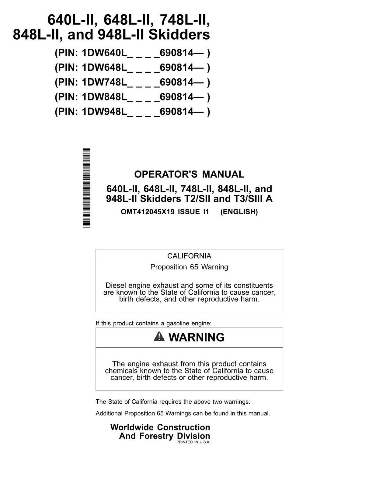 JOHN DEERE 640L-II 648L-II 748L-II 848L-II 948L-II SKIDDER OPERATORS MANUAL #1