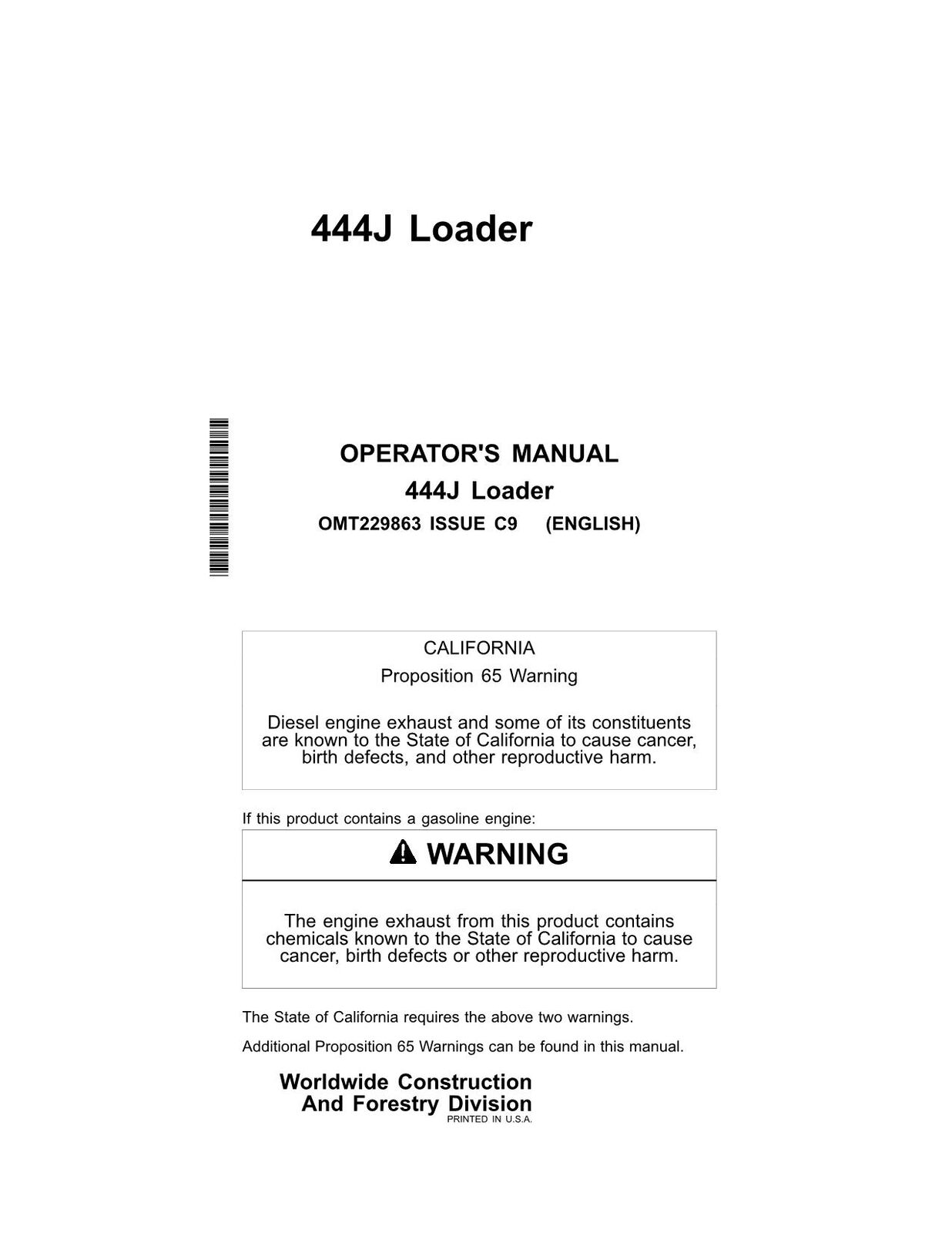 JOHN DEERE 444J  LOADER OPERATORS MANUAL