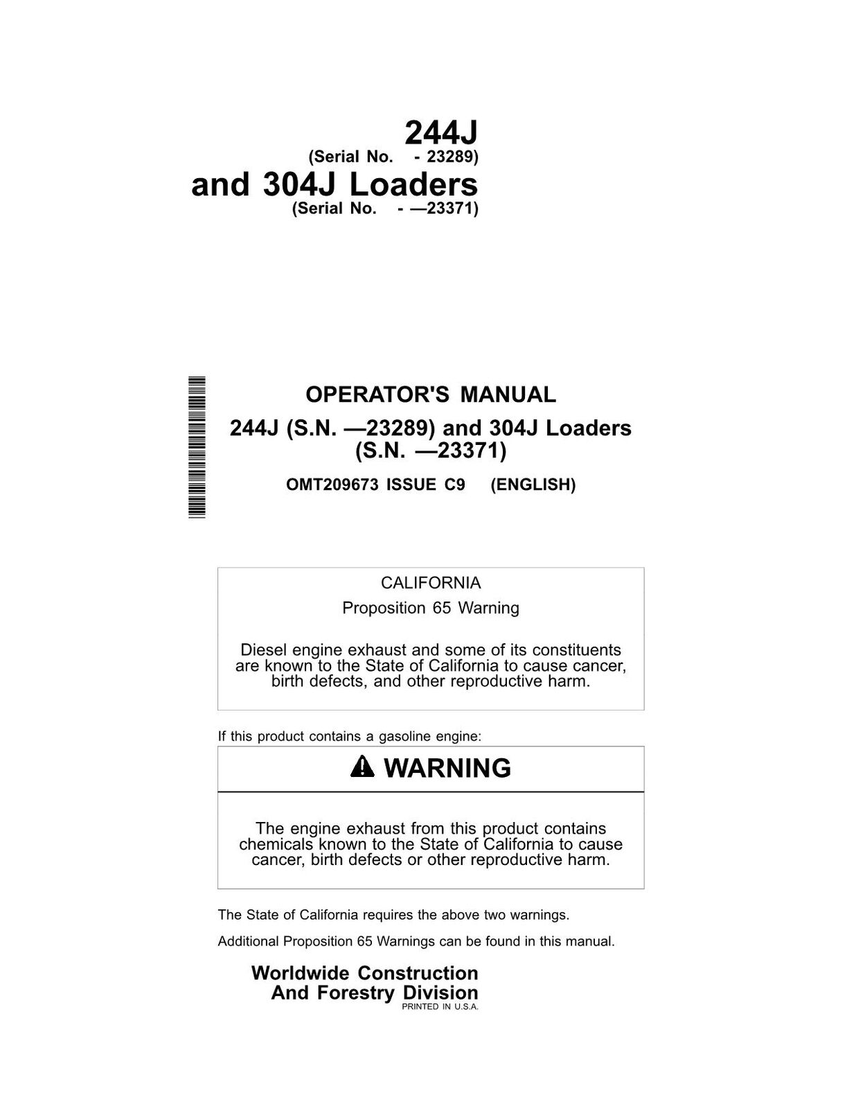 JOHN DEERE 244J 304J LOADER OPERATORS MANUAL