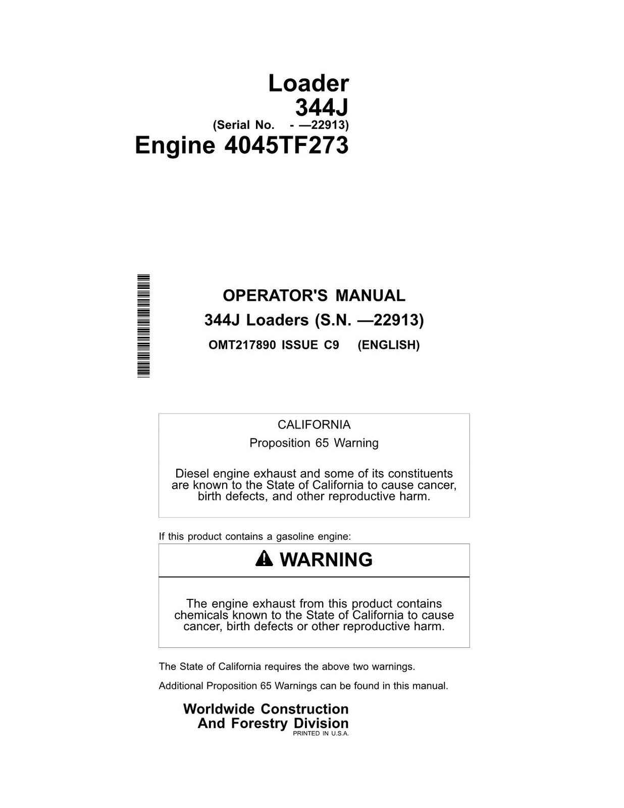 JOHN DEERE 344J  LOADER OPERATORS MANUAL #1