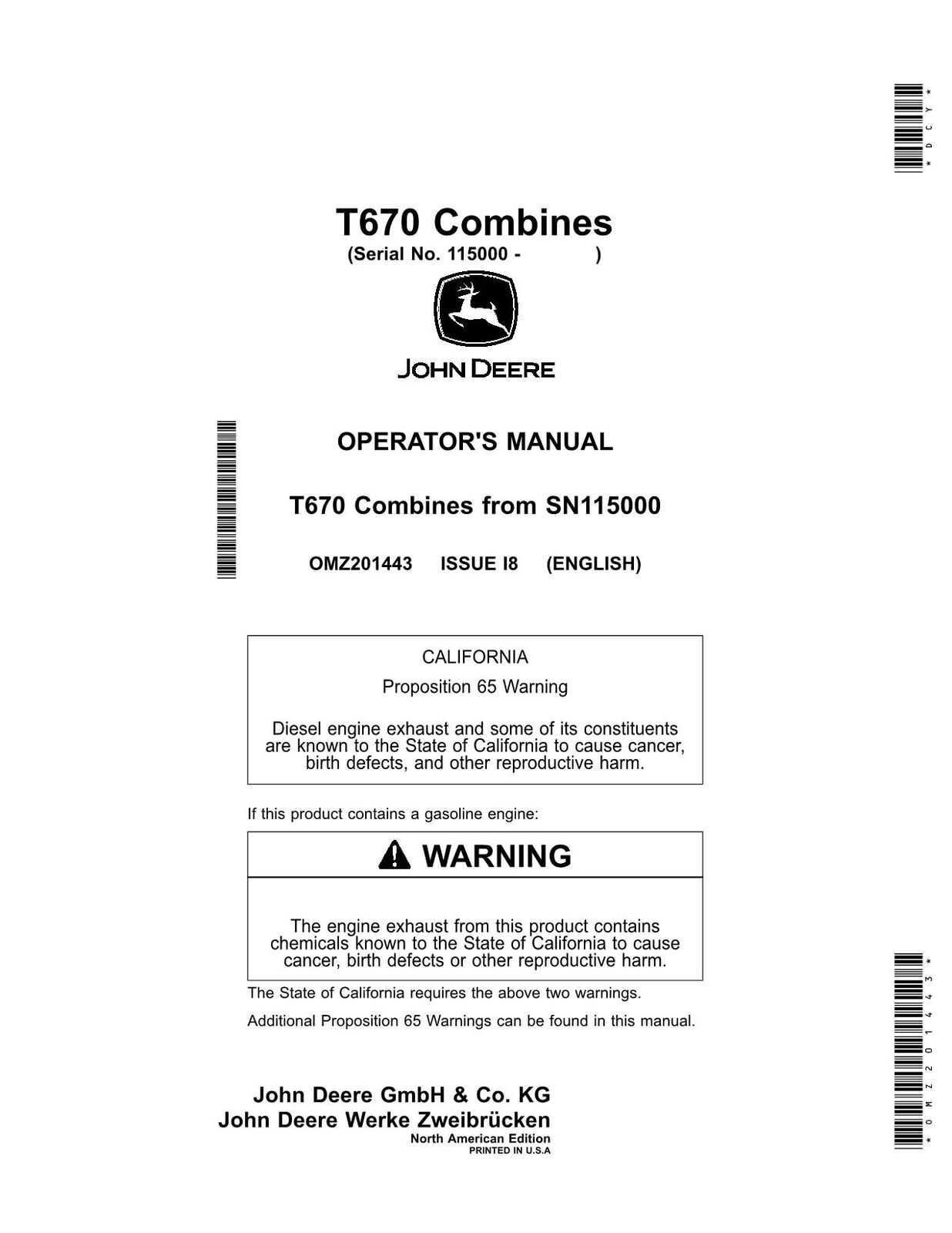 JOHN DEERE T670 COMBINE OPERATORS MANUAL #3