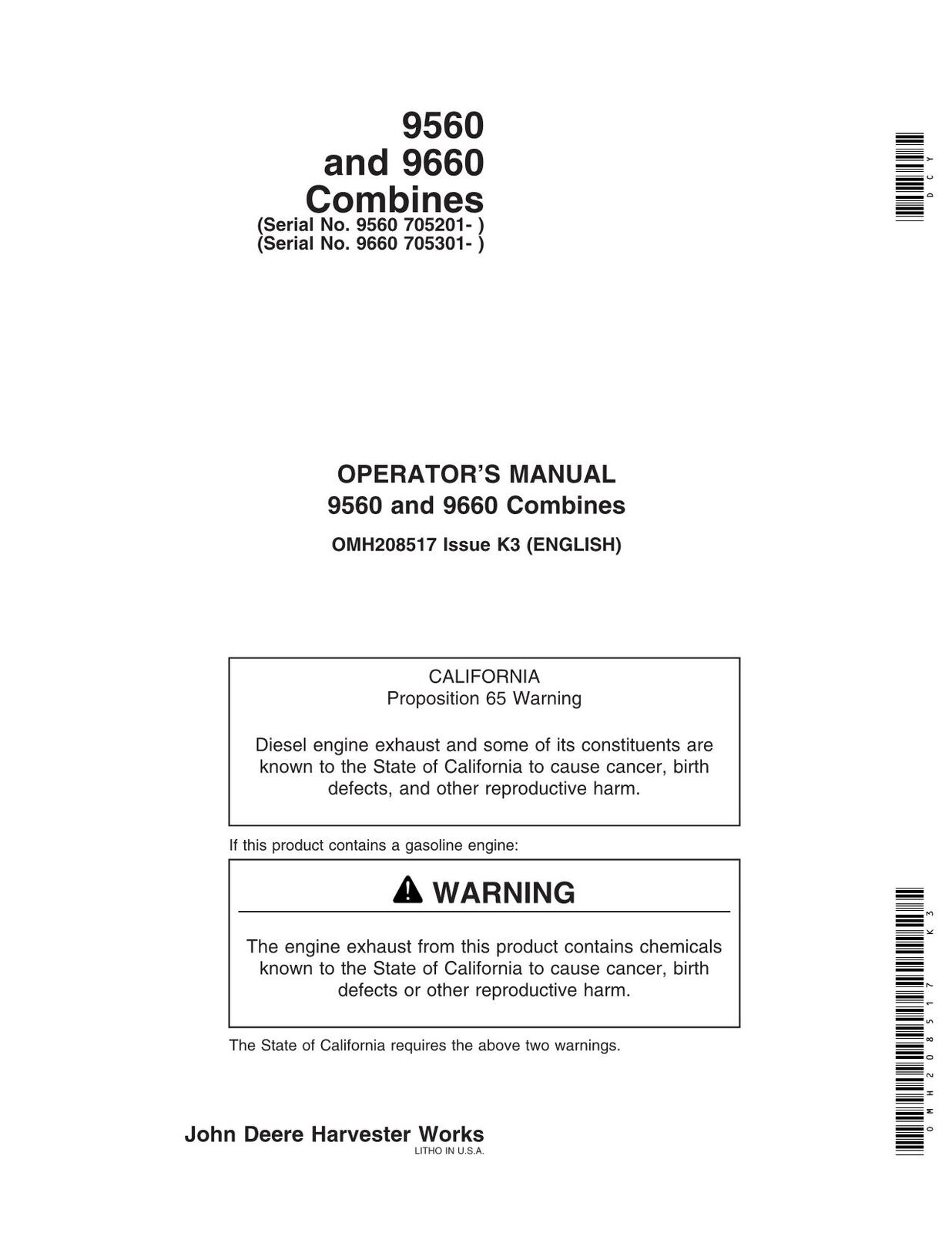 JOHN DEERE 9560 9660 COMBINE OPERATORS MANUAL