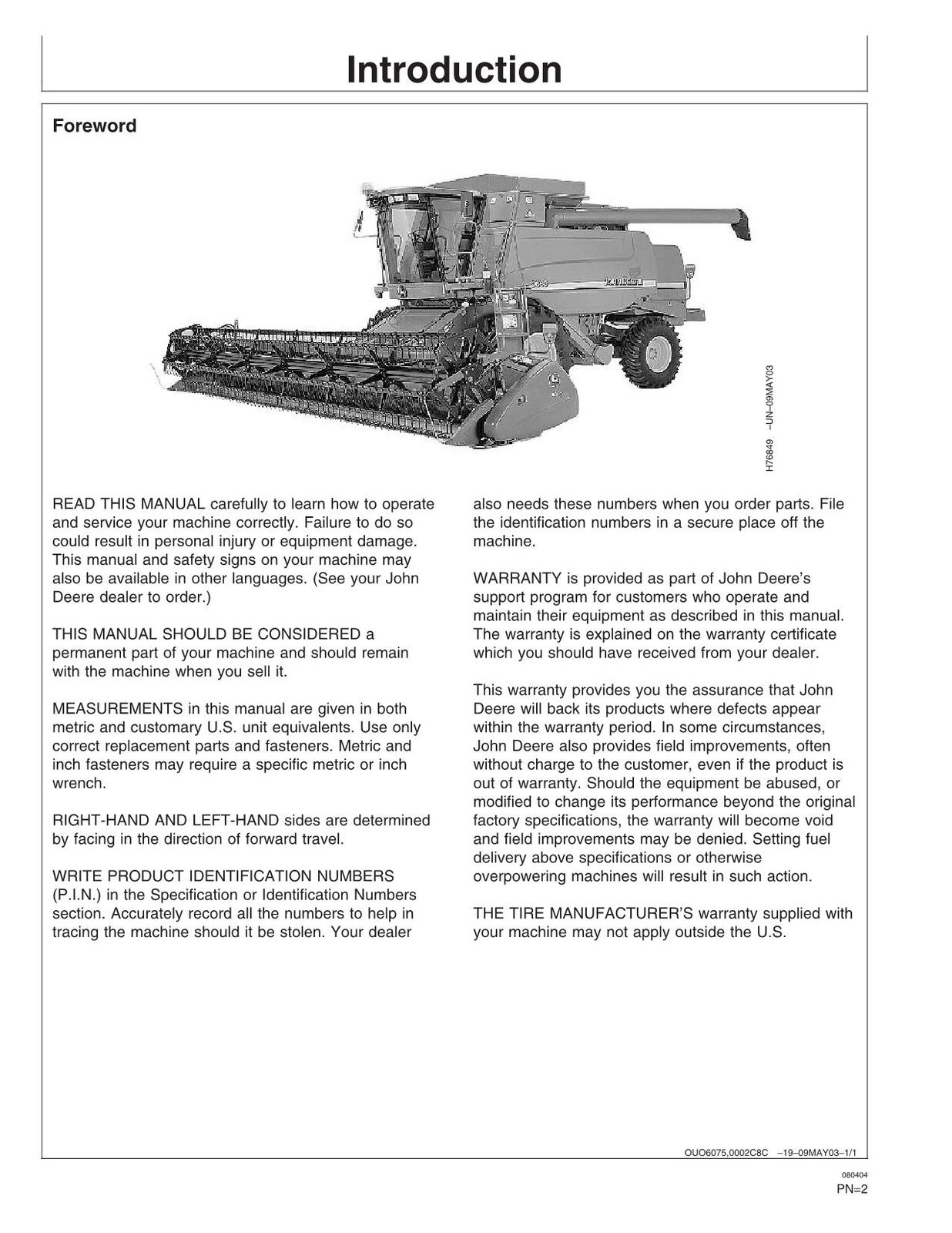 JOHN DEERE 9560 9660 COMBINE OPERATORS MANUAL #1