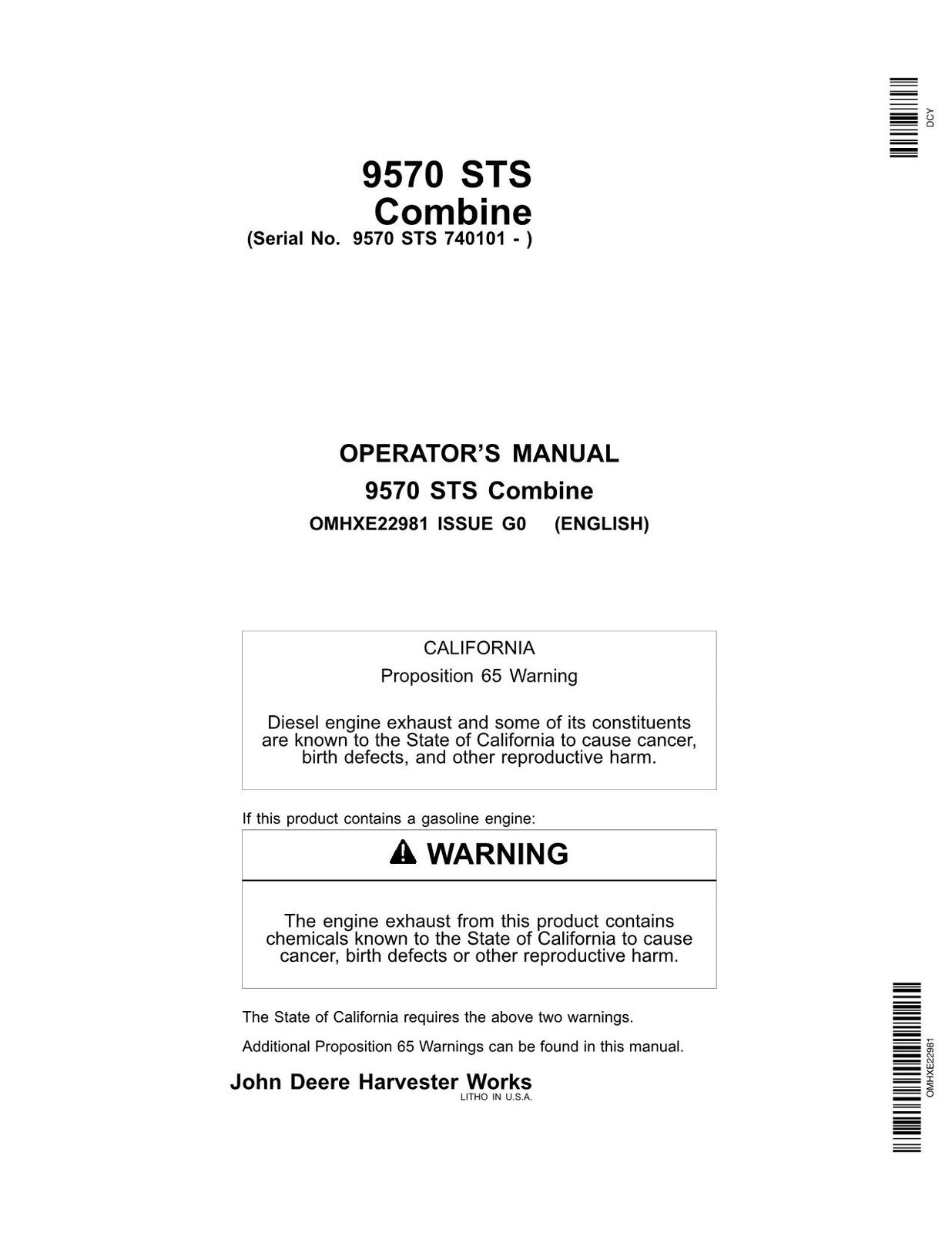 JOHN DEERE 9570 STS  COMBINE OPERATORS MANUAL #3