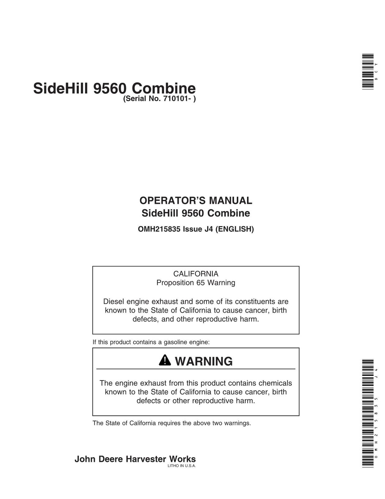 JOHN DEERE 9560  COMBINE OPERATORS MANUAL #2