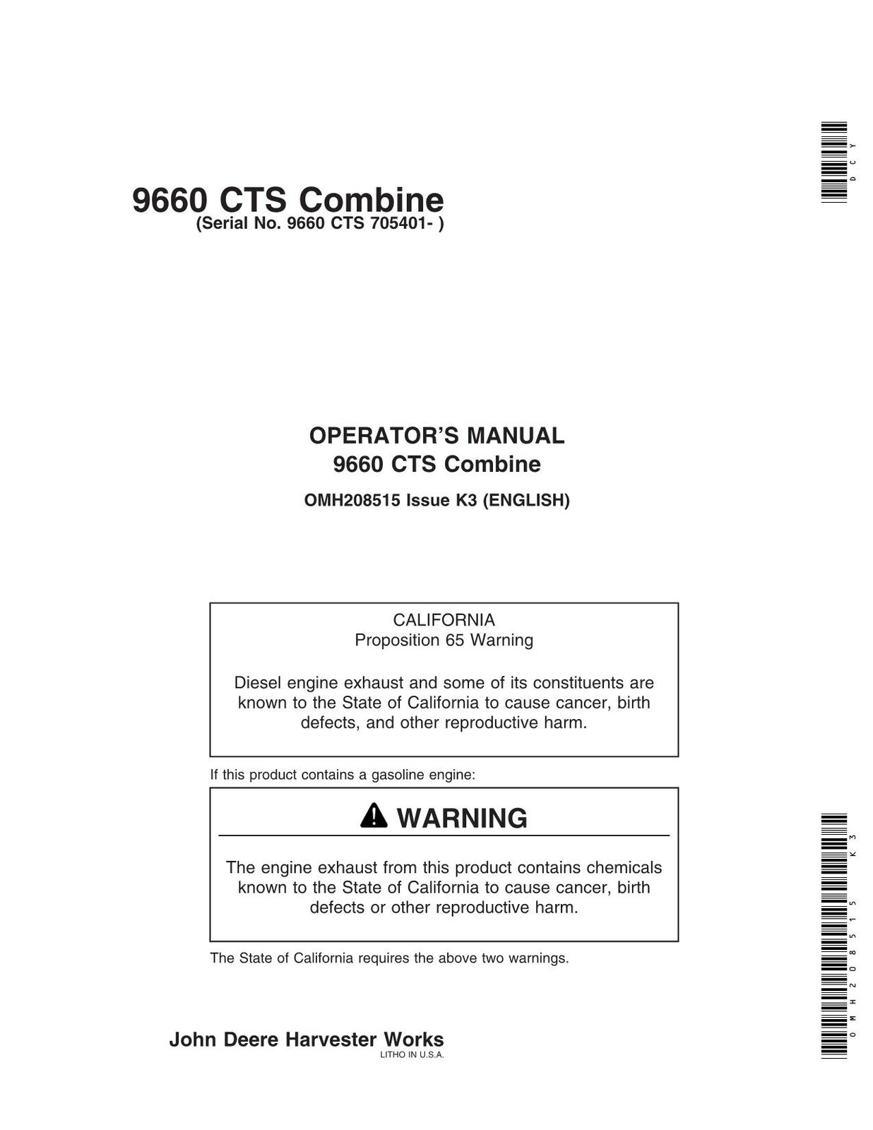 JOHN DEERE 9660 CTS  COMBINE OPERATORS MANUAL #1