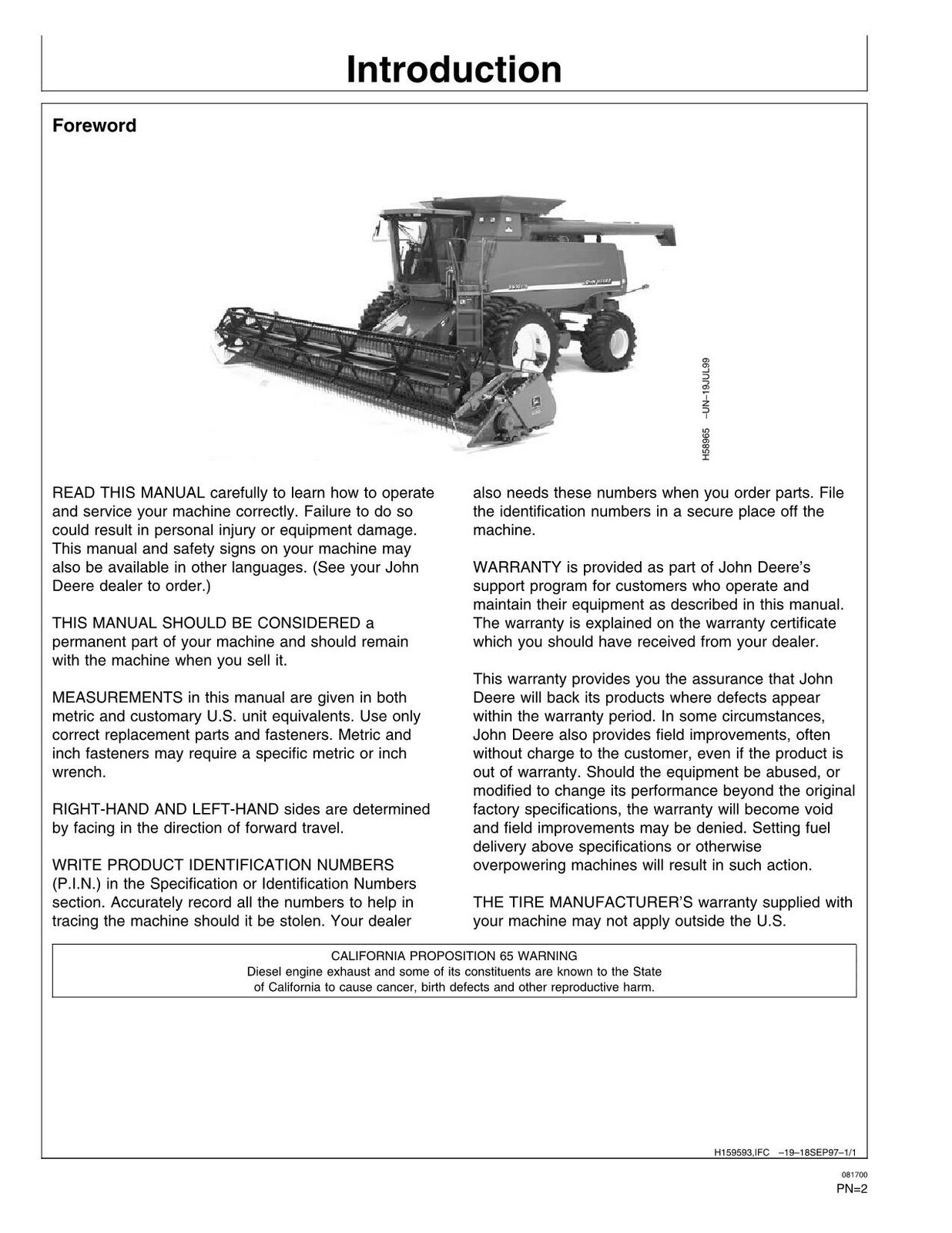 JOHN DEERE 9650 STS MÄHDRESCHER-BETRIEBSHANDBUCH NR. 2 