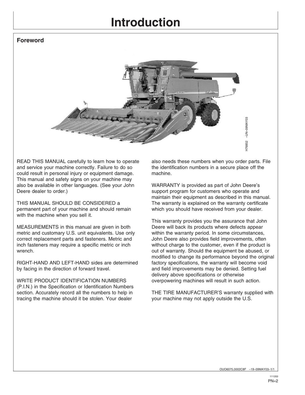 JOHN DEERE 9860 STS MÄHDRESCHER-BETRIEBSHANDBUCH Nr. 1 