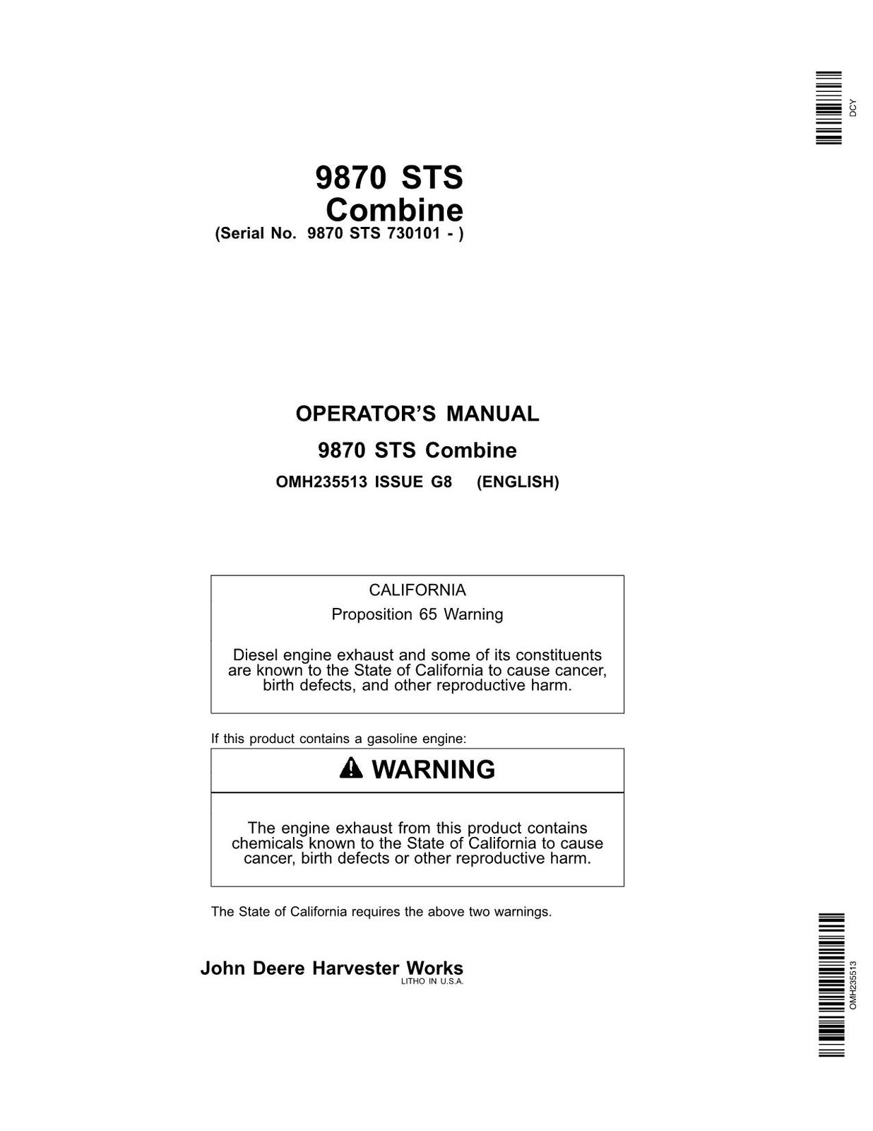 JOHN DEERE 9870 STS COMBINE OPERATORS MANUAL #2