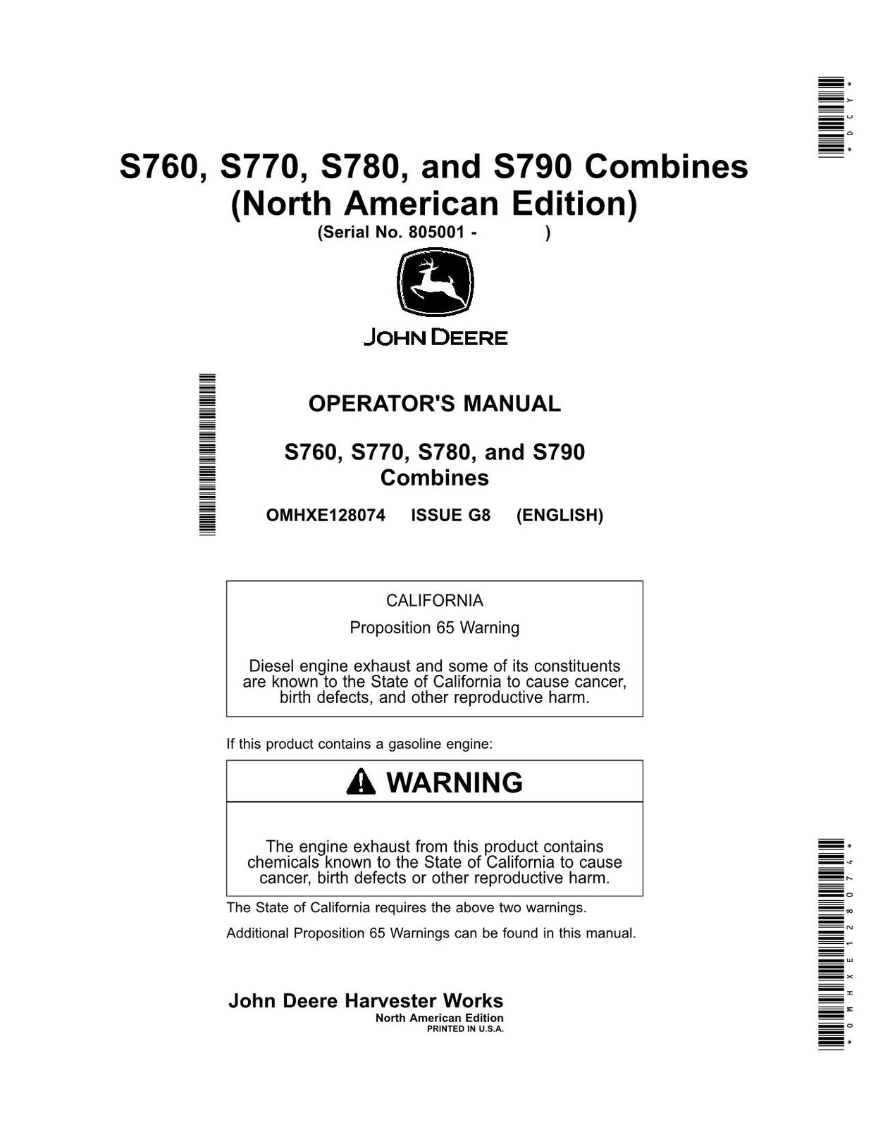 JOHN DEERE S760 S770 S780 S790 COMBINE OPERATORS MANUAL