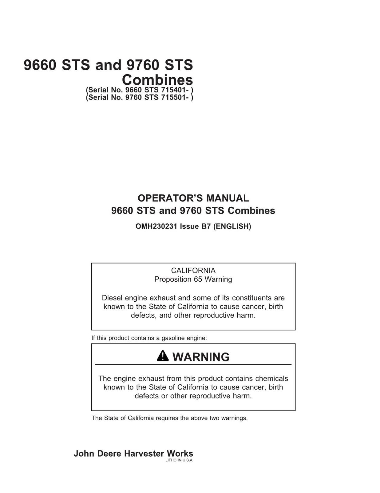 JOHN DEERE 9660 9760 STS  COMBINE OPERATORS MANUAL #2