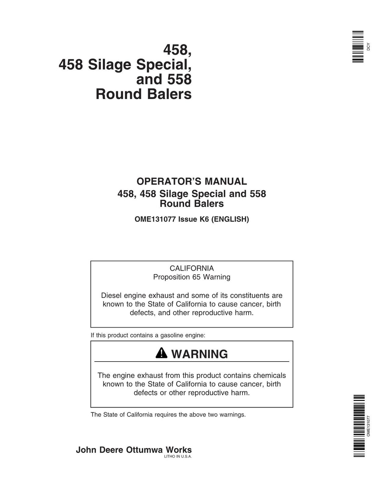 JOHN DEERE 558 458 BALER OPERATORS MANUAL #1