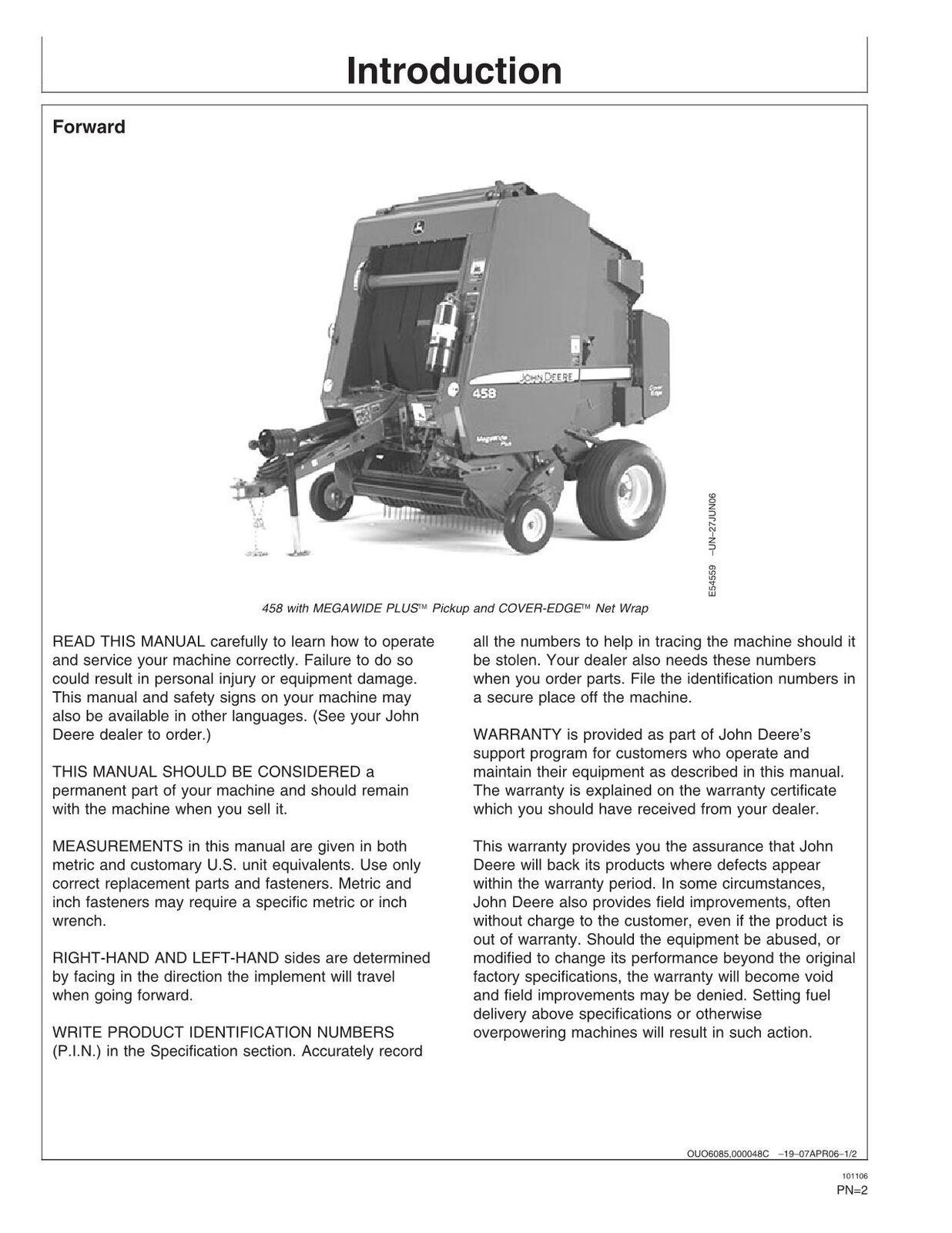 MANUEL D'UTILISATION DE LA PRESSE À PRESSES JOHN DEERE 558 458 #1 