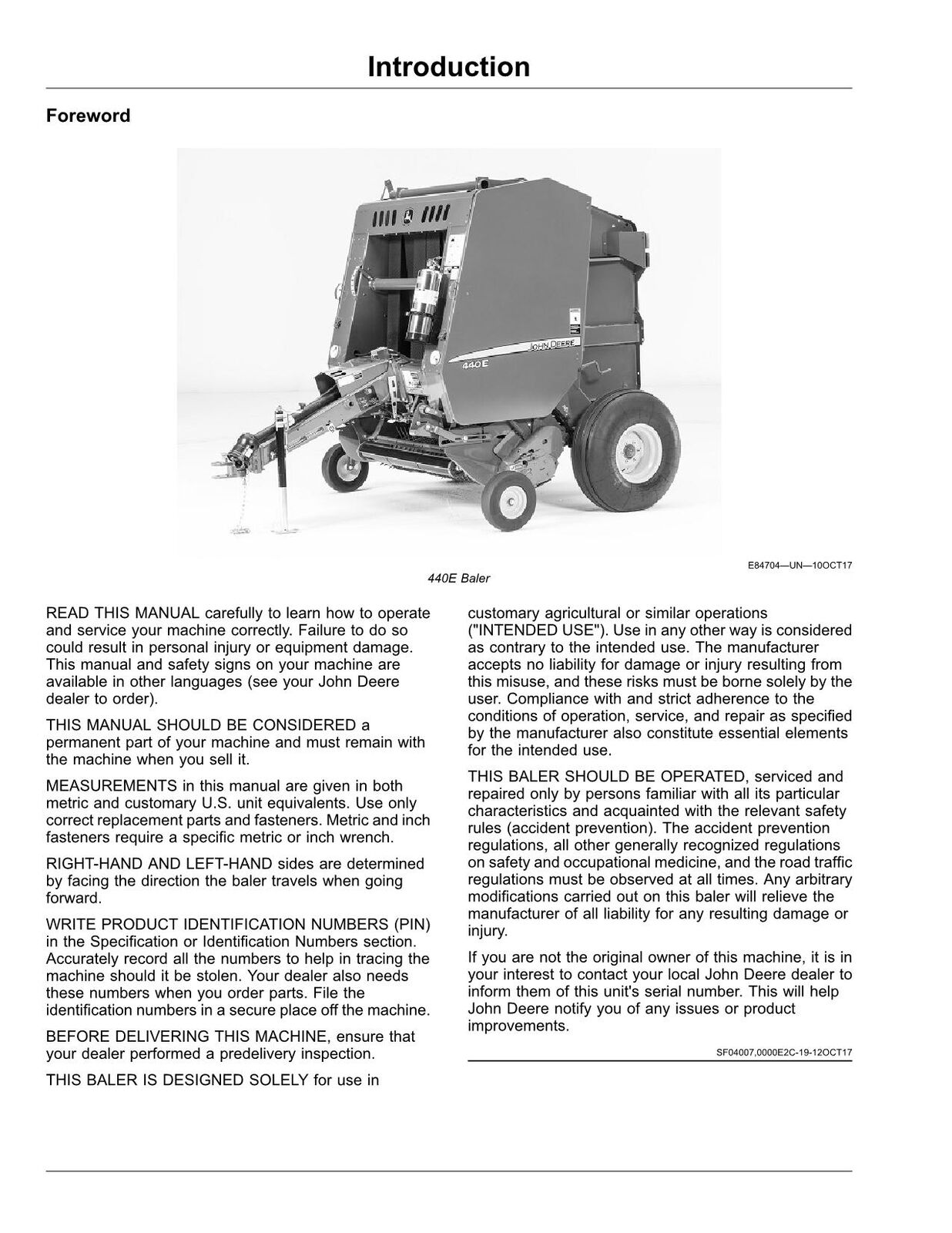 JOHN DEERE 440E BALER OPERATORS MANUAL #1