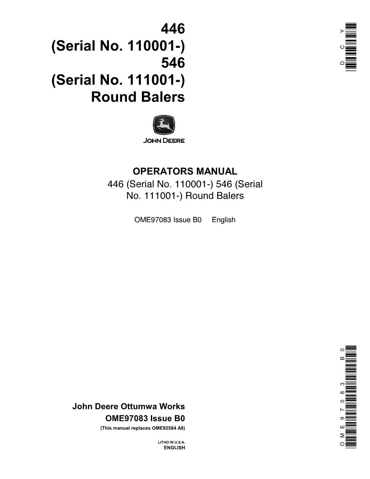 JOHN DEERE 446 546 BALER OPERATORS MANUAL