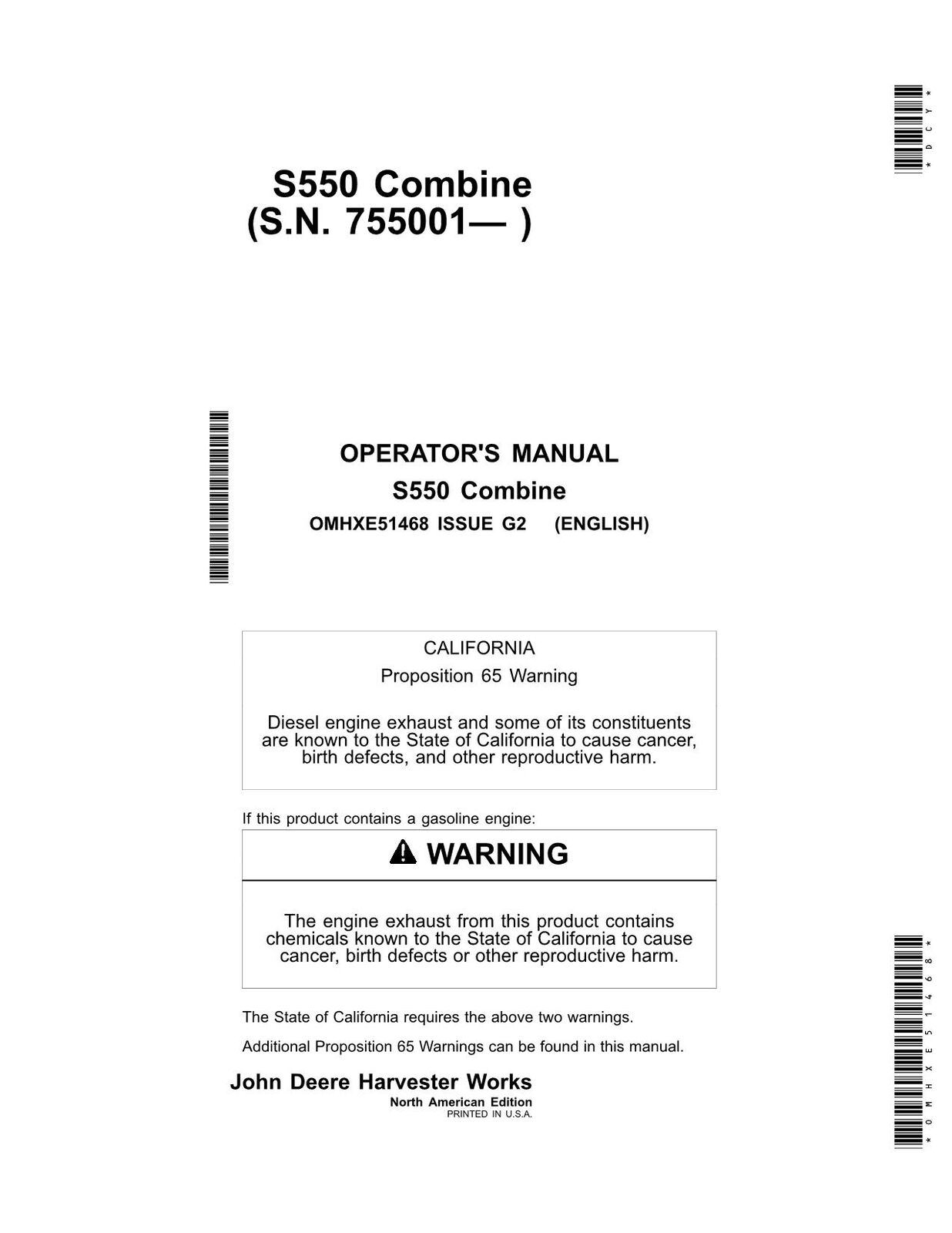 JOHN DEERE S550 COMBINE OPERATORS MANUAL