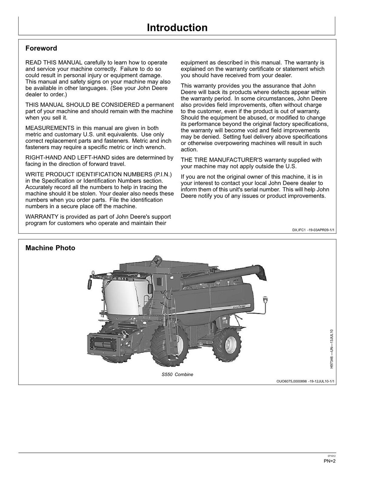 JOHN DEERE S550 COMBINE OPERATORS MANUAL