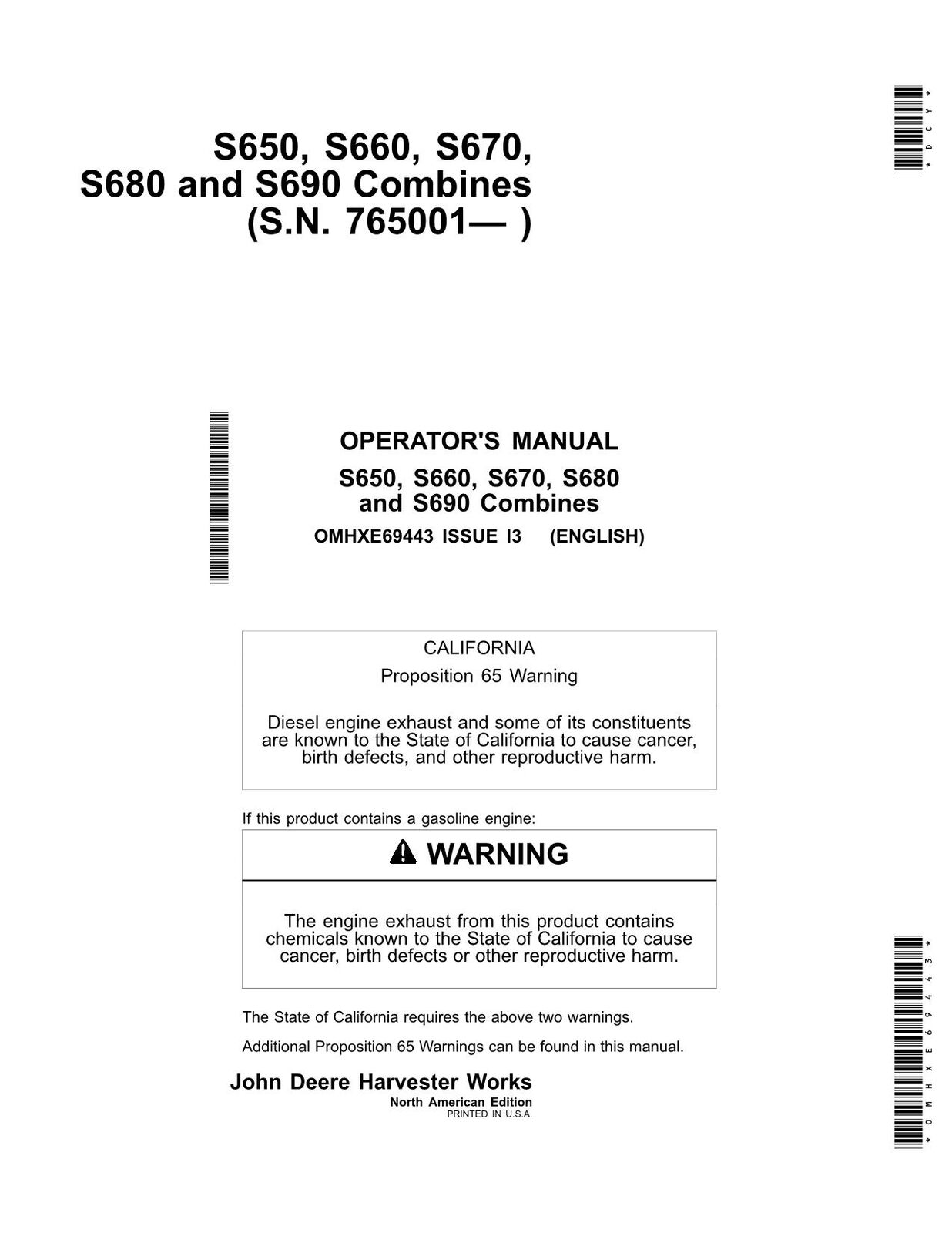 JOHN DEERE S650 S660 S670 S680 S690 COMBINE OPERATORS MANUAL #1