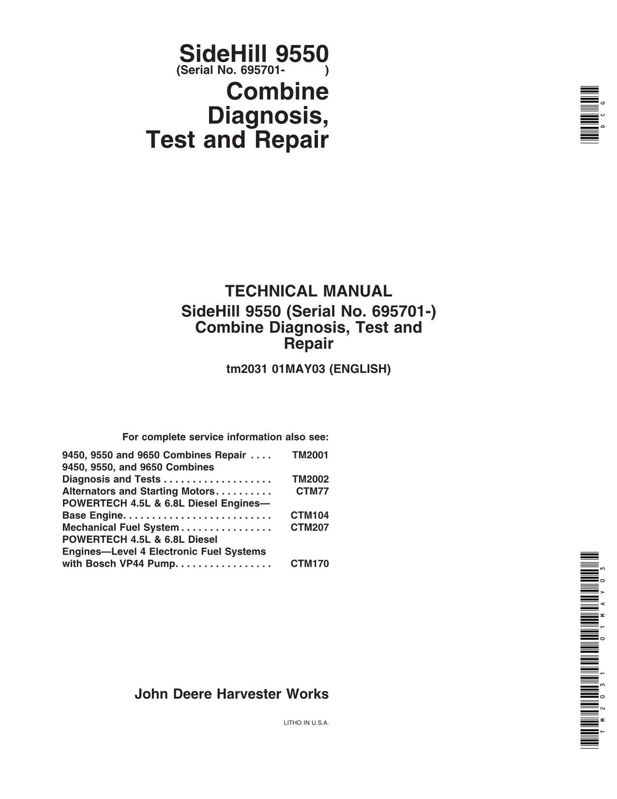 JOHN DEERE 9550  COMBINE SERVICE MANUAL #2